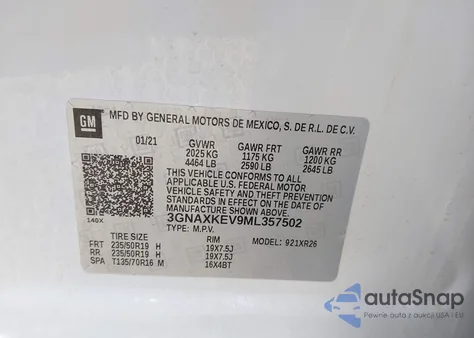 2021 Chevrolet Equinox Fwd Lt из США, поврежденный, VIN 3GNAXKEV9ML357502